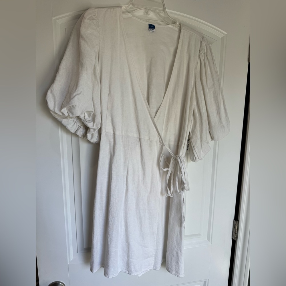 Old Navy XL Linen Blend Wrap Dress Puff Sleeve Cottagecore NWT Cream